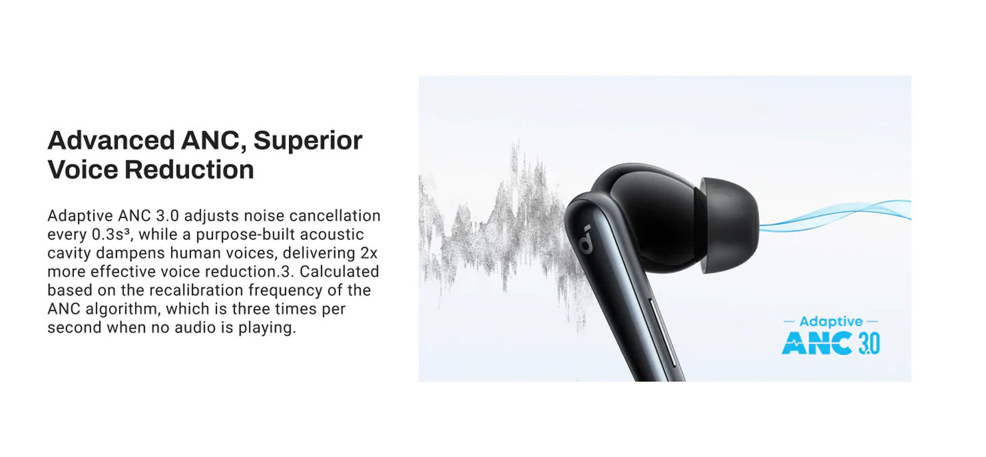 Wireless earbuds with text about Advanced ANC and Superior Voice Reduction on a light blue background