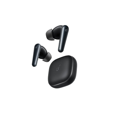 Black wireless earbuds with charging case on a white background