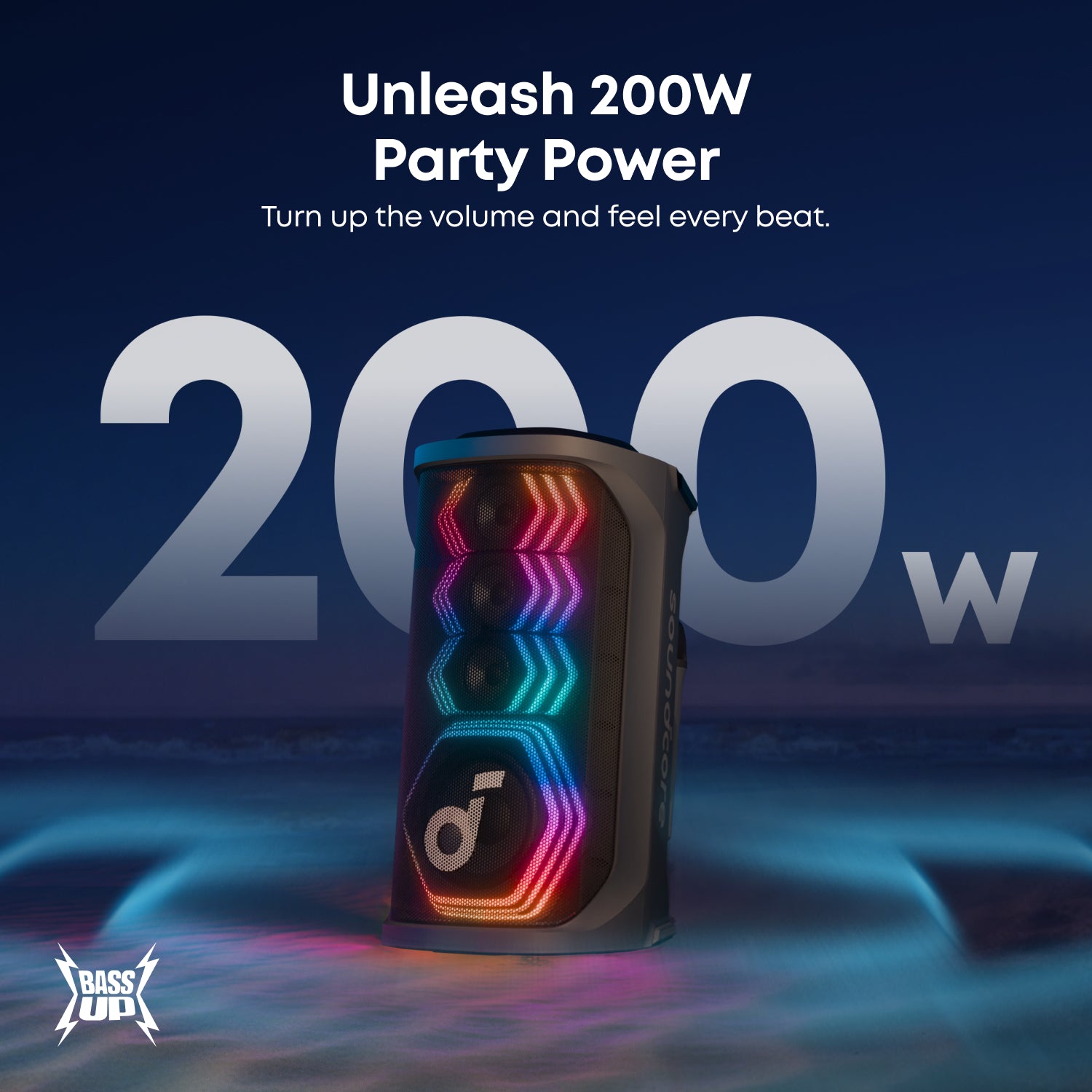Basspub speaker with colorful LED lights on a dark blue background, featuring text about 200W party power.