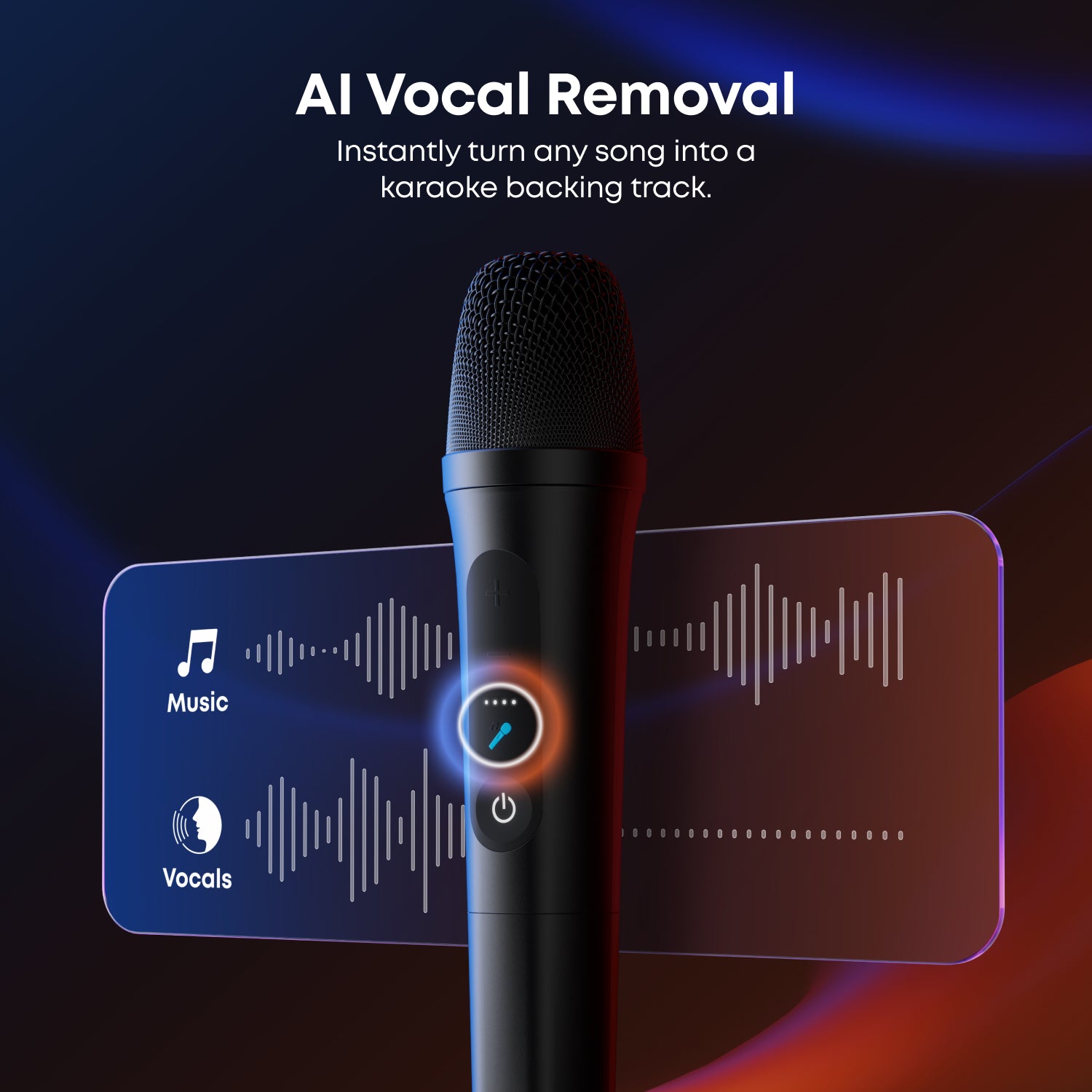 Microphone with AI Vocal Removal technology on a dark background