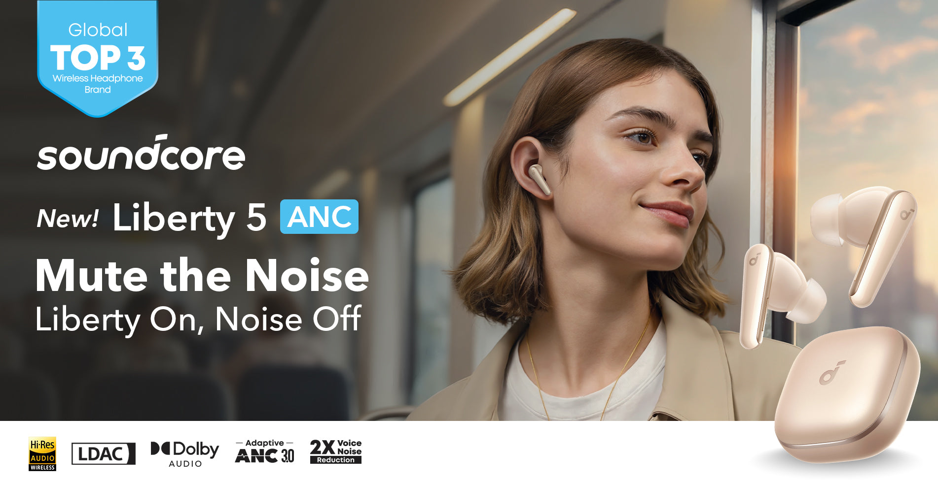 Woman wearing Soundcore Liberty 5 ANC earbuds with product packaging and text overlay.