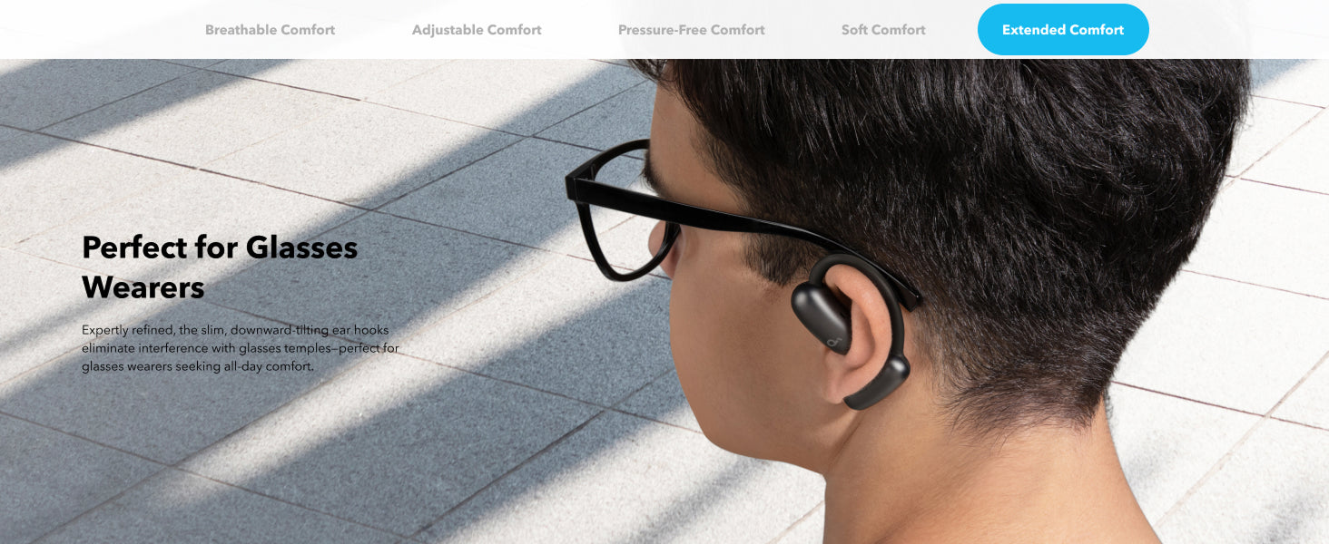 A slide explaining an earphone perfect for glasses wearers.