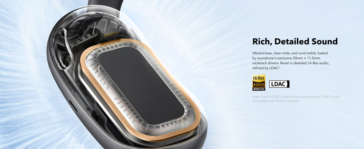 Close-up of an earbud driver with text promoting rich, detailed sound and Hi-Res Audio LDAC support.