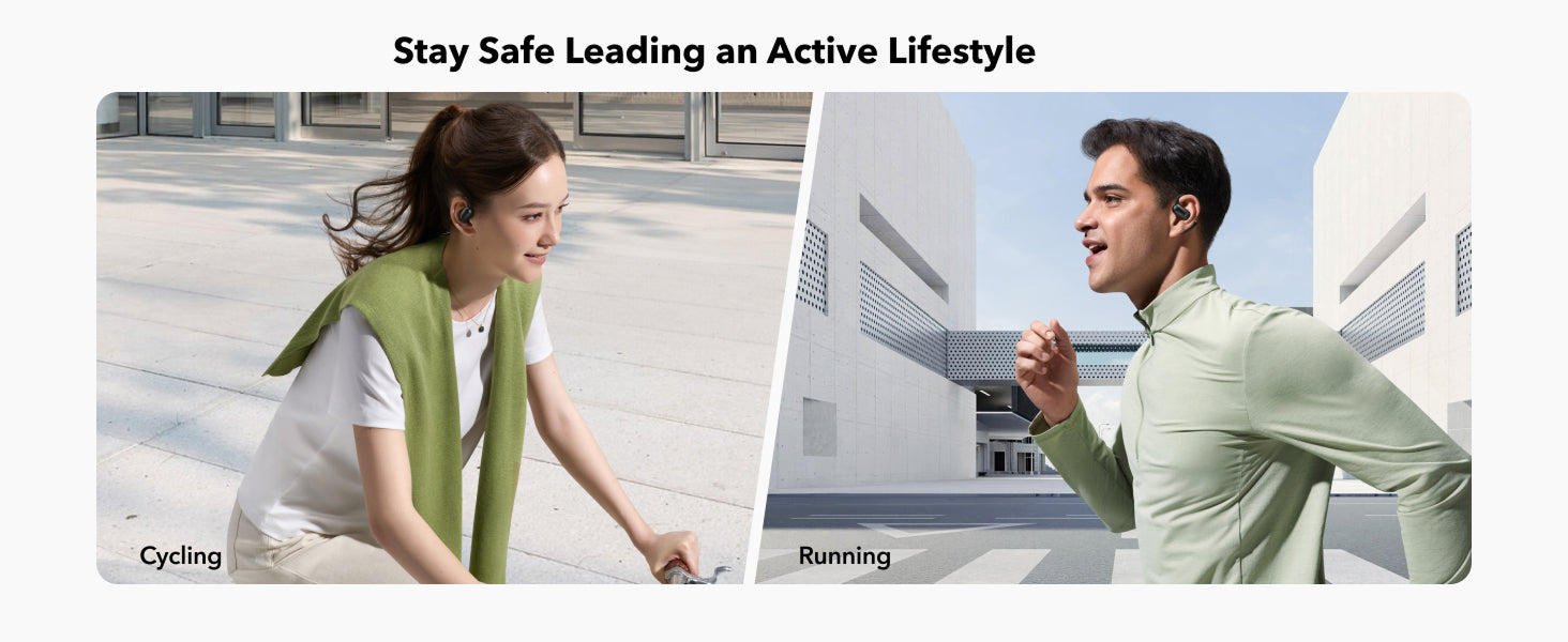 Two people using wireless earbuds while cycling and running outdoors, promoting an active lifestyle.