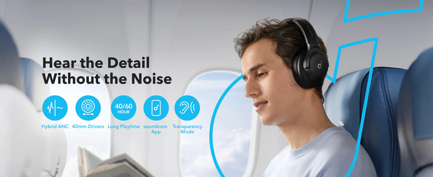 Man wearing headphones on an airplane with noise reduction features highlighted