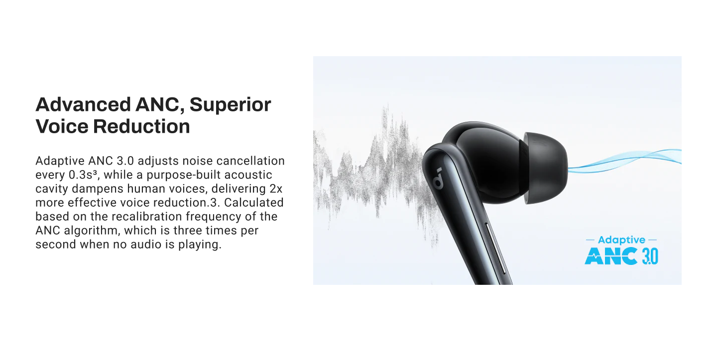 Earbuds with noise cancellation and voice reduction features displayed.