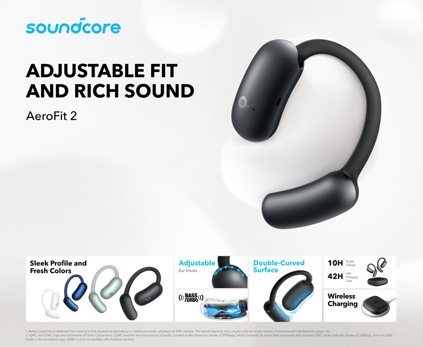 An advertisement for Aerofit2 and it's Adjustable fit and rich sound feature.