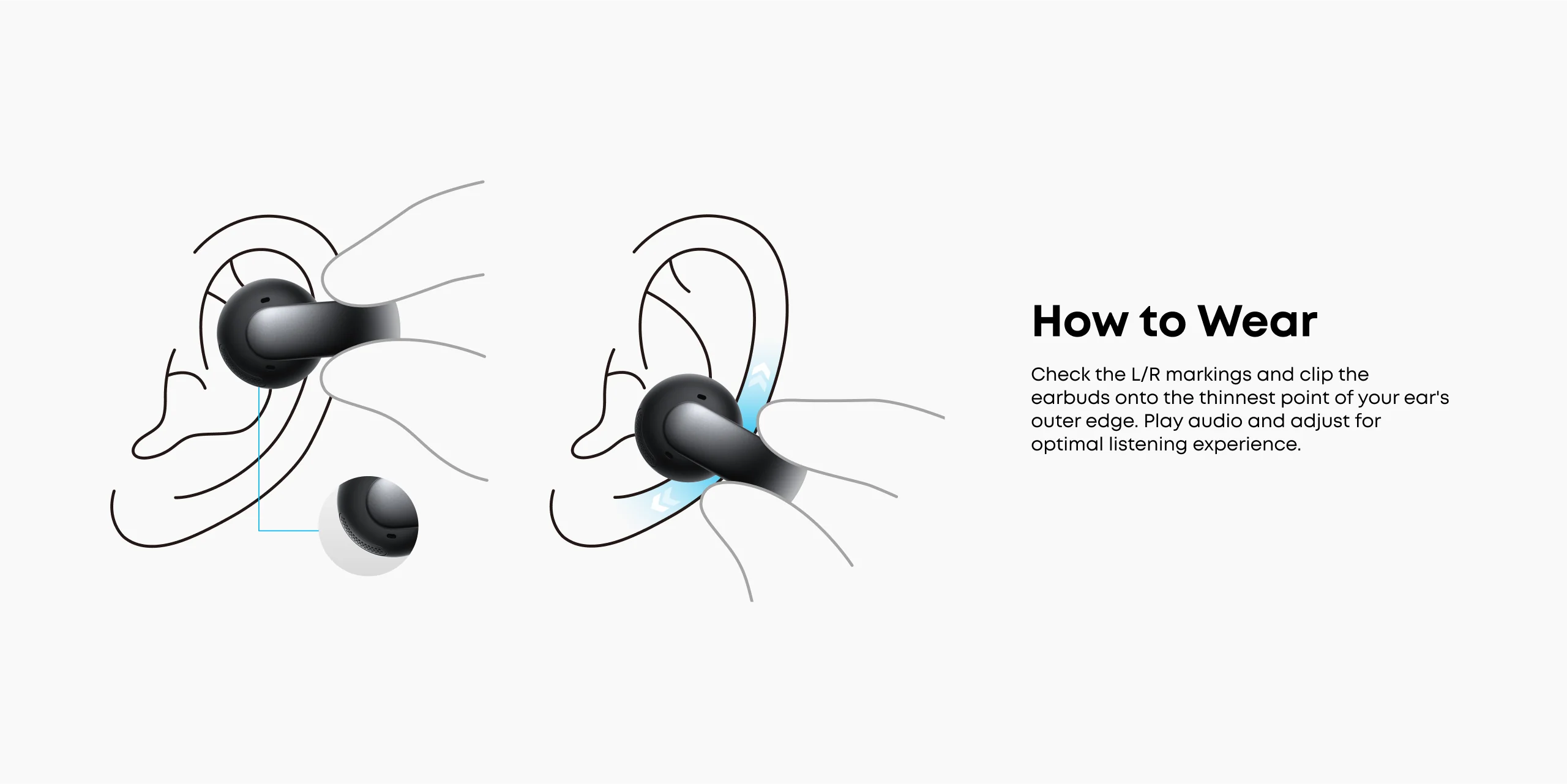 Instructions on how to wear earbuds with diagram and text on a white background