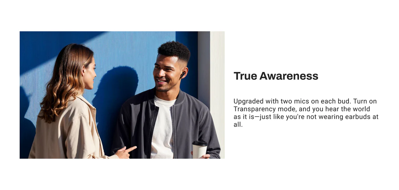 Two people talking with a blue background and text about earbud features.