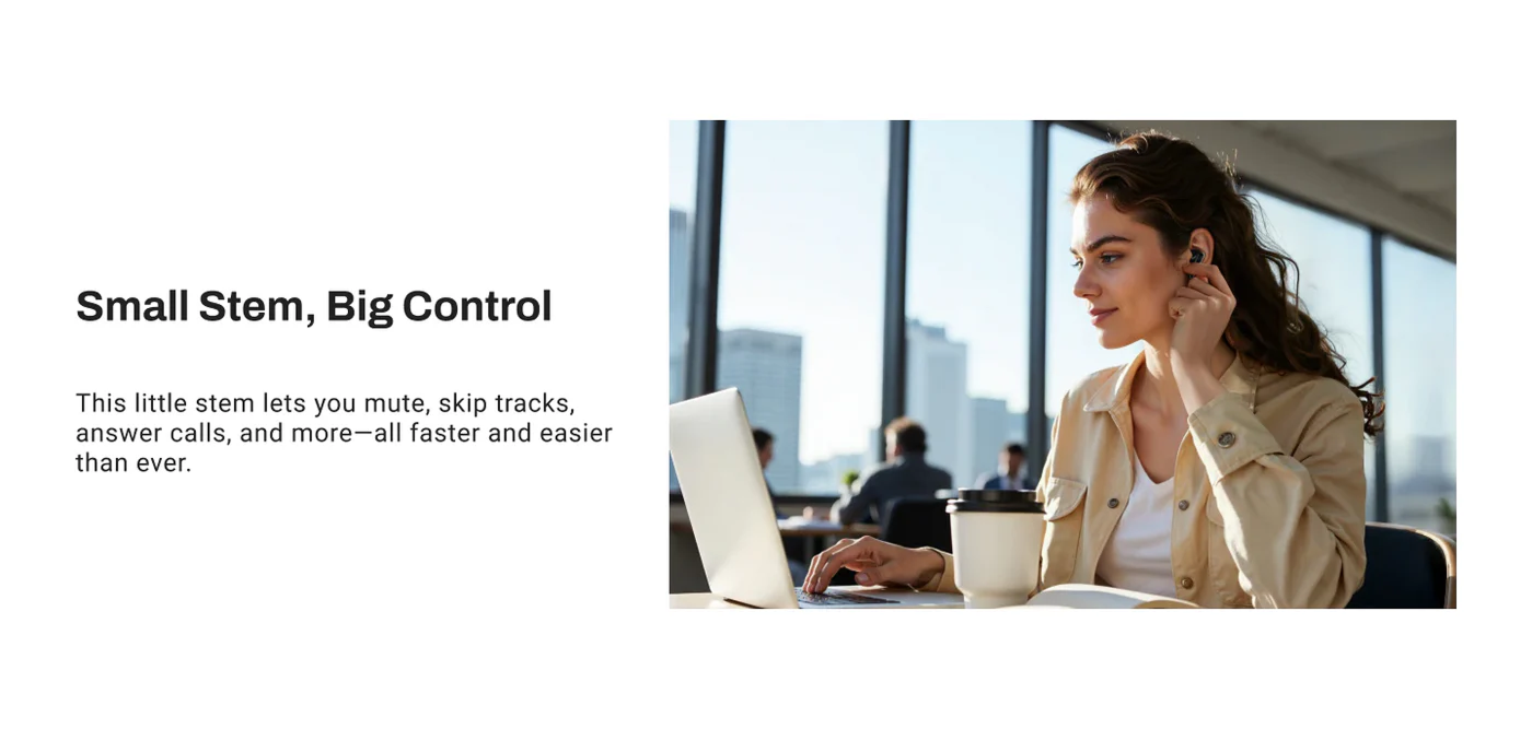 Woman using a laptop with text about a small stem providing control over audio and calls.