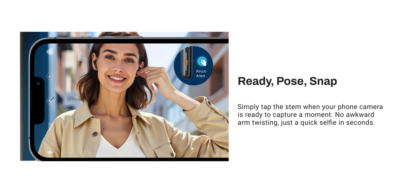 Smartphone with a camera app interface showing a woman taking a selfie, with text 'Ready, Pose, Snap' and description.