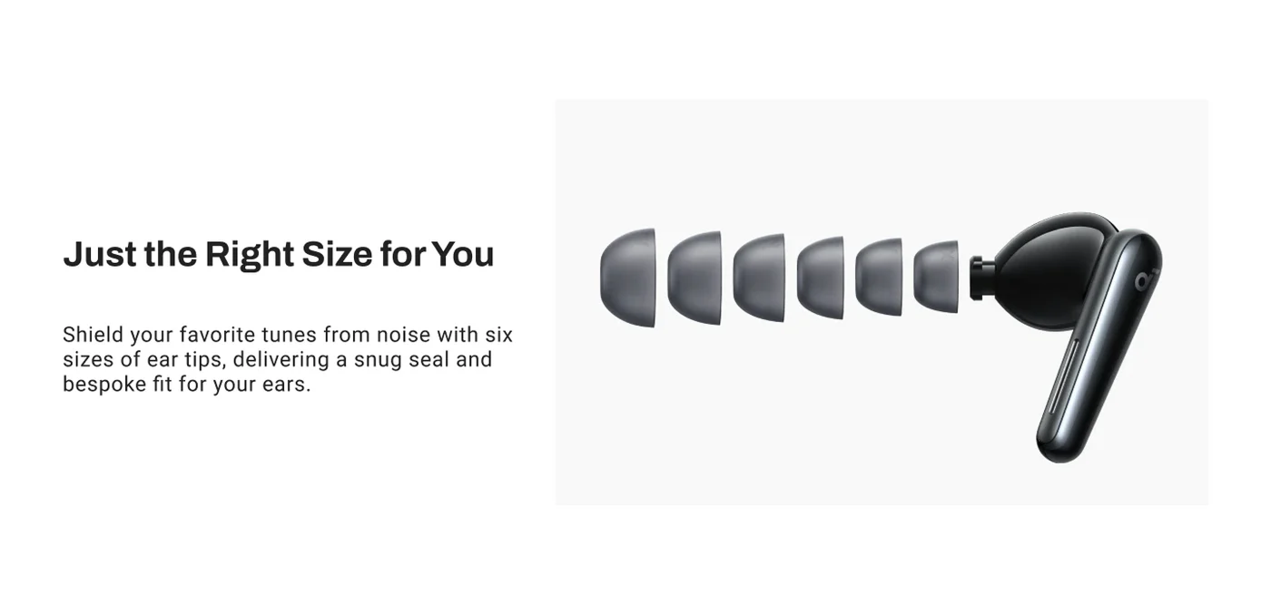 Black wireless earbud with customizable ear tips on a white background