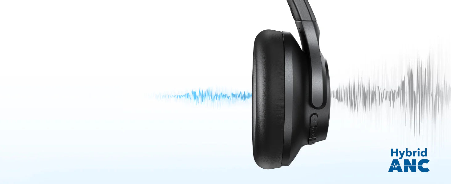 Black headphones with sound wave illustration on a white background