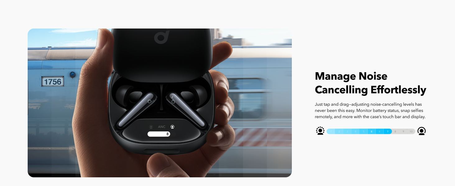 A slide featuring black earphones in it's casing and noise cancelling control.