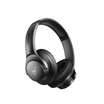 Black headphones with a music note symbol on a white background