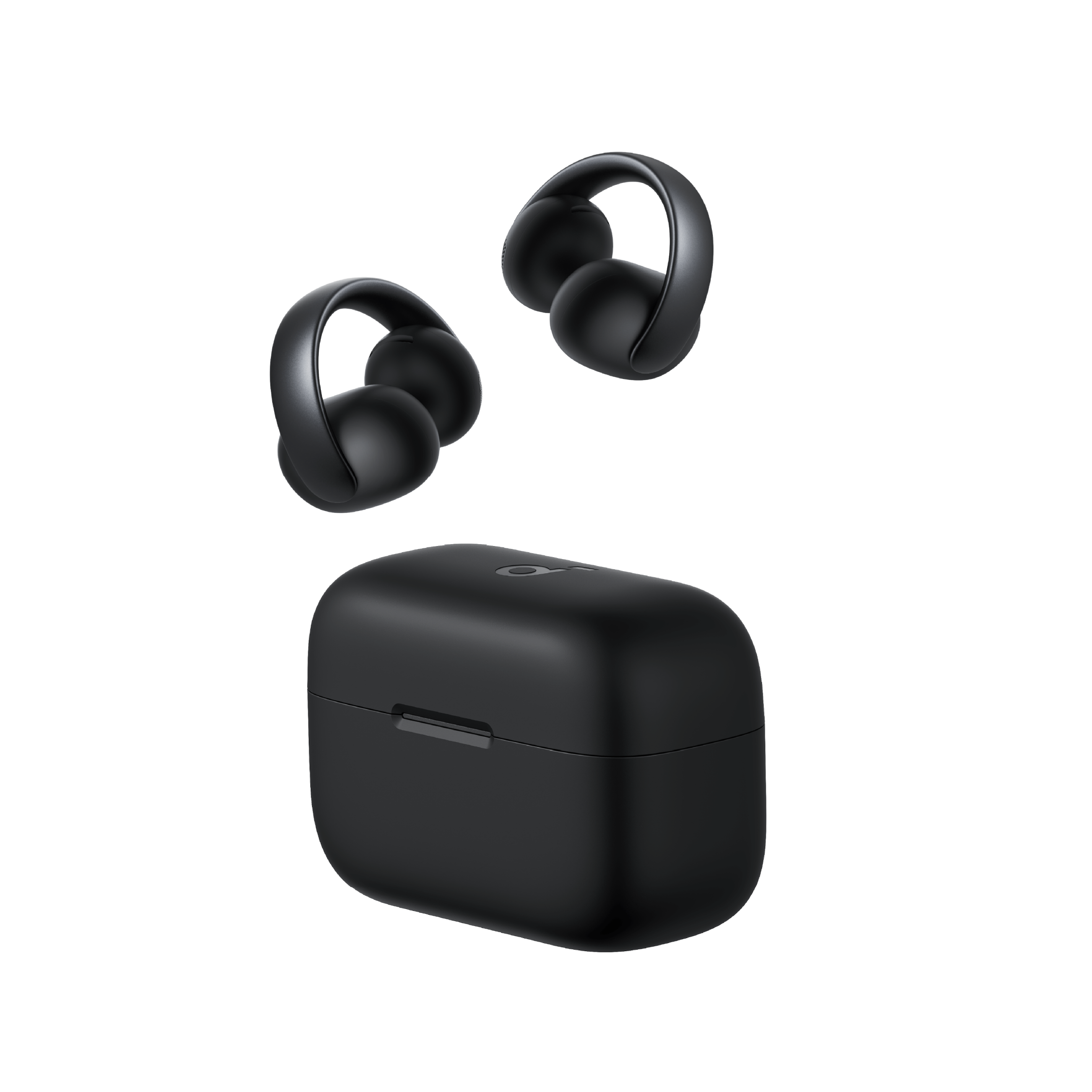 Black wireless earbuds with charging case on a white background