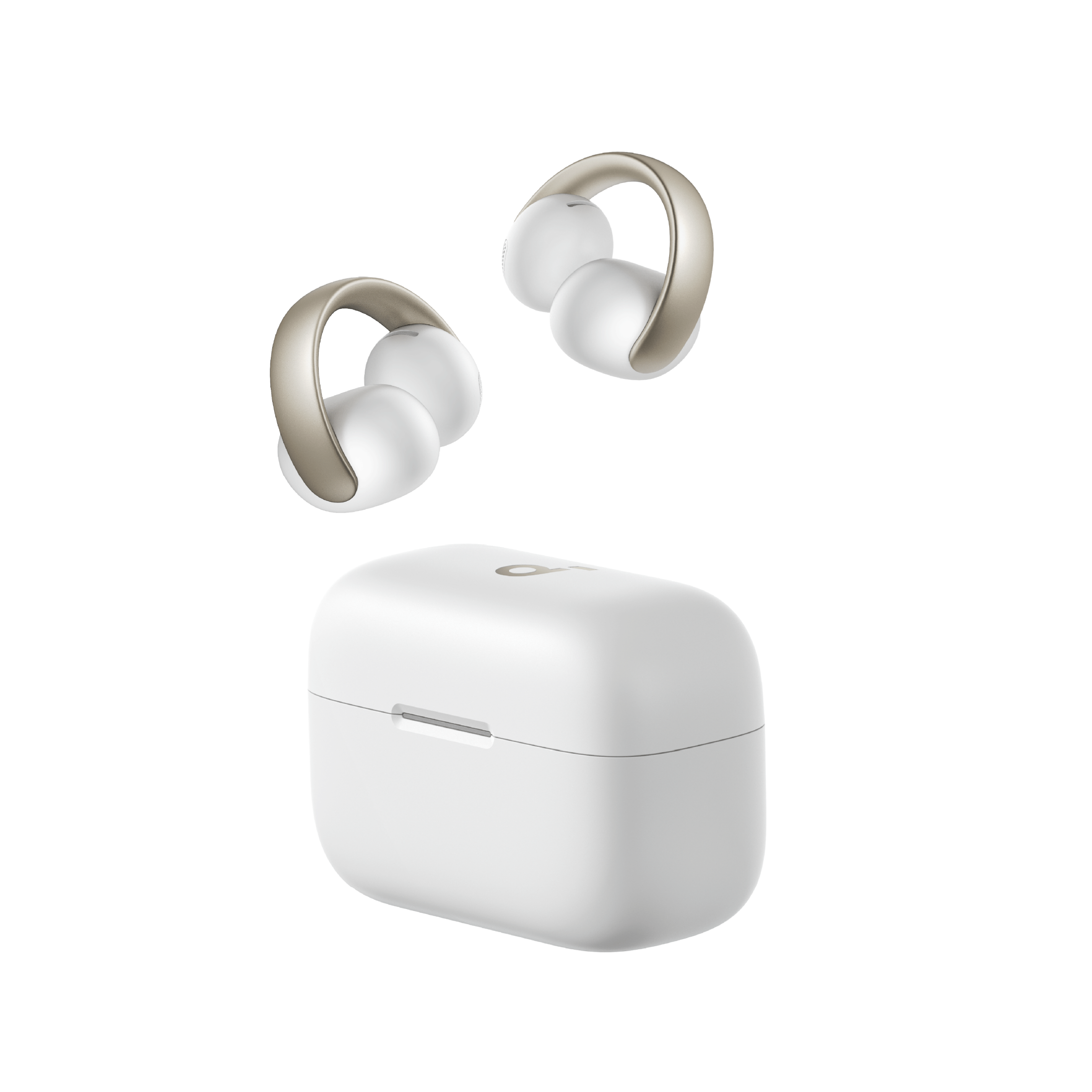Wireless earbuds with charging case on a white background