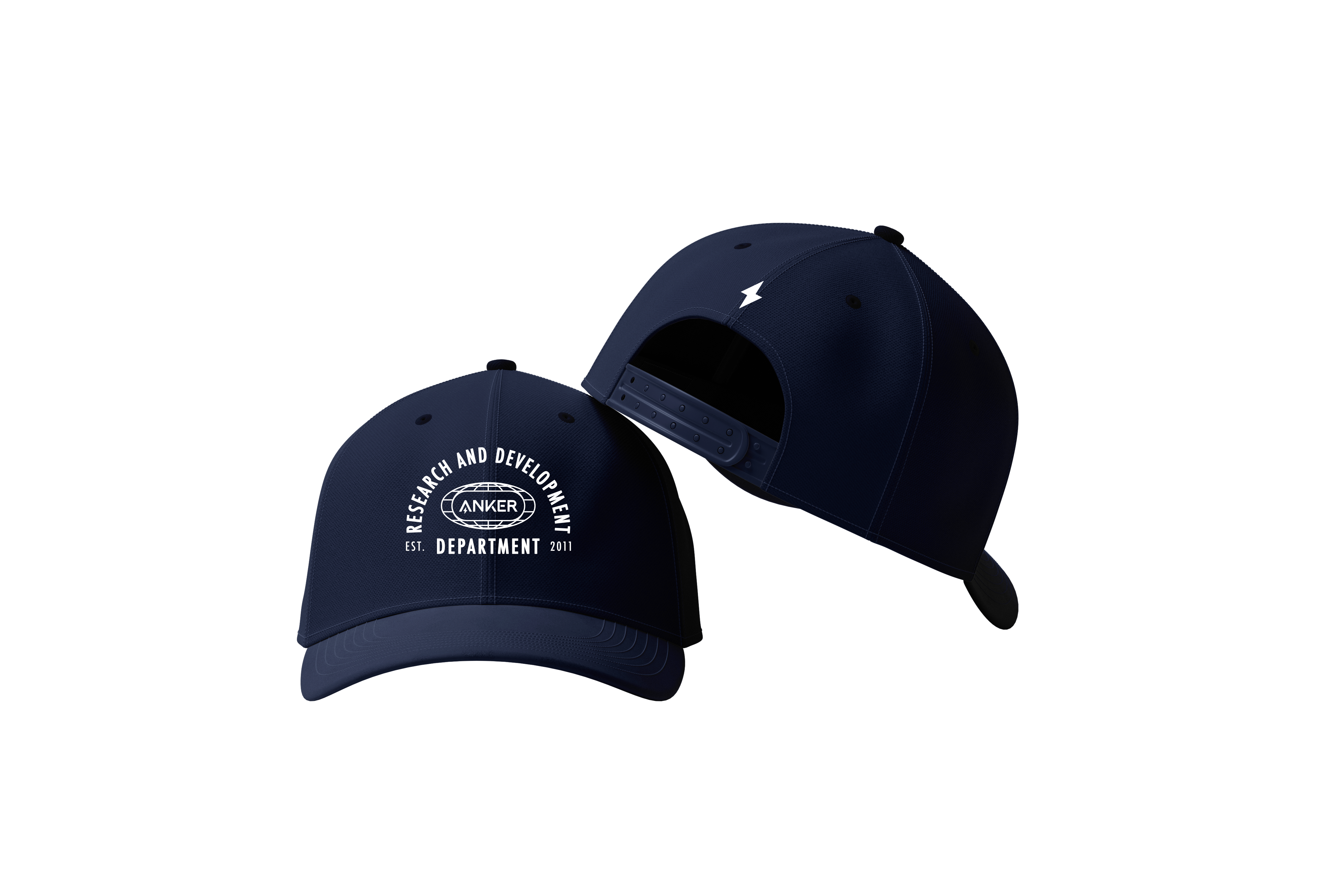 Two navy blue caps with text on a white background