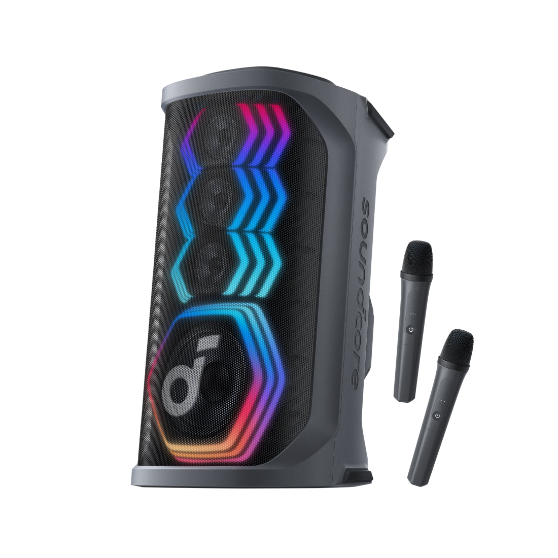 Black party speaker with colorful LED lights and two wireless microphones on a white background