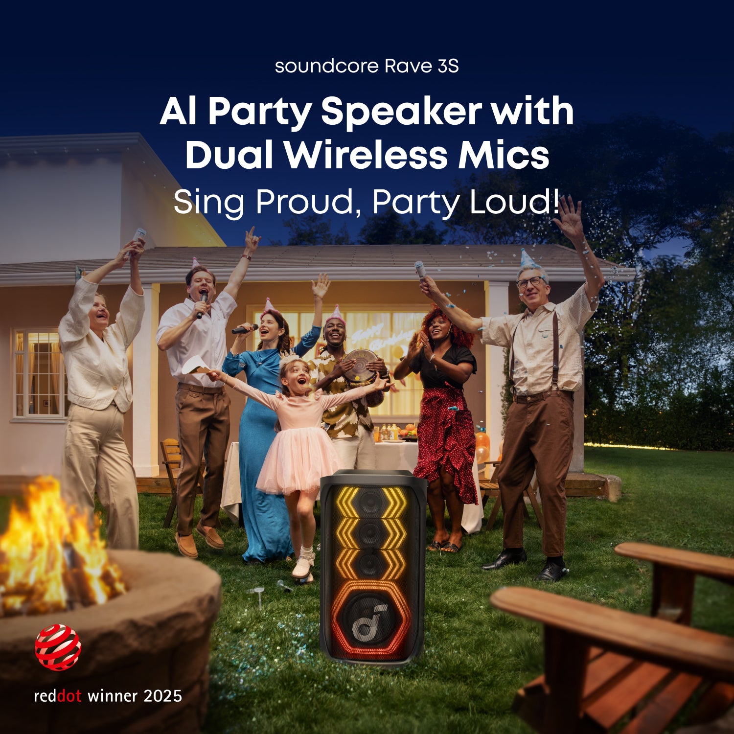 AI Party Speaker with Dual Wireless Mics in front of a group of people celebrating outdoors.