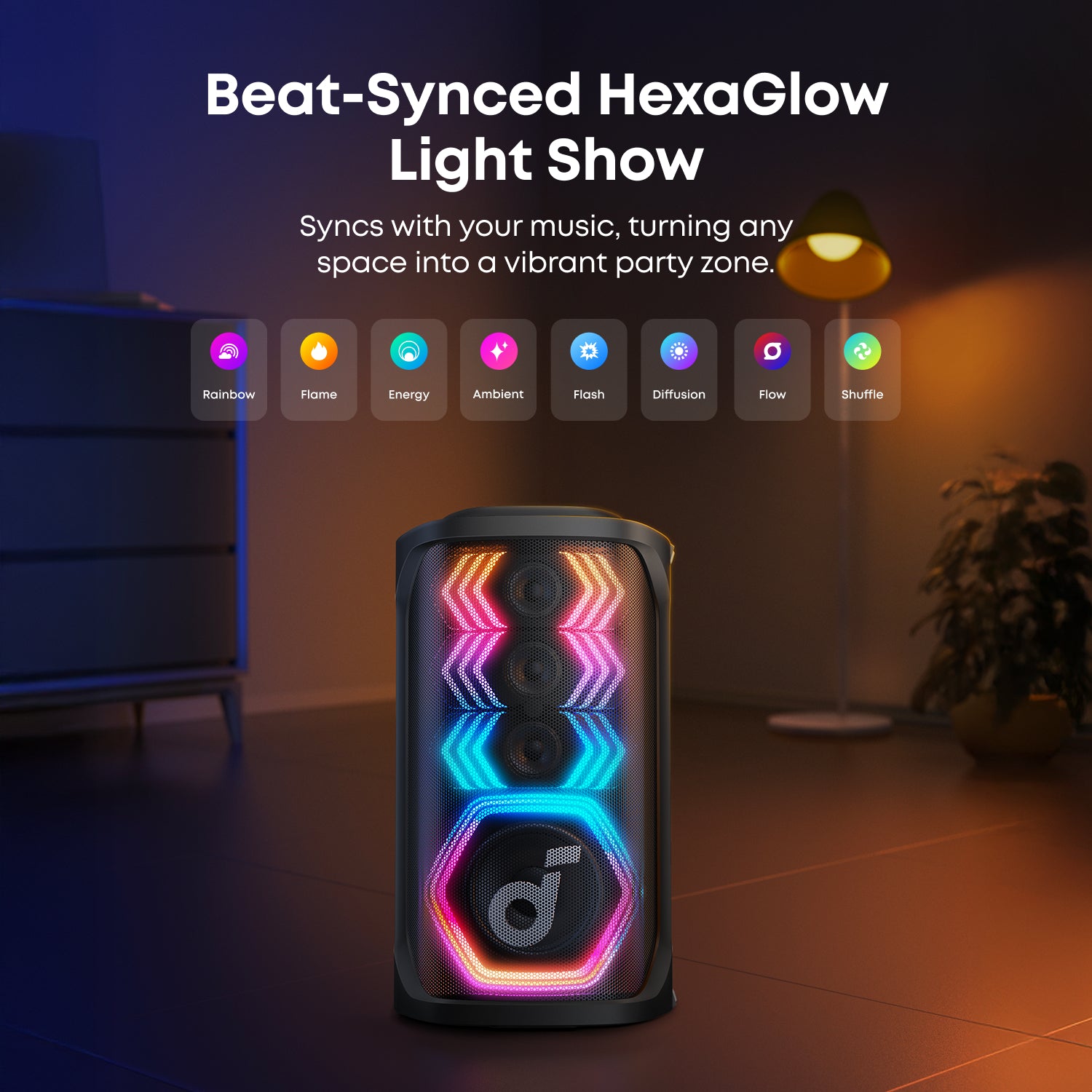 Hexagonal light show device with colorful lighting in a room setting